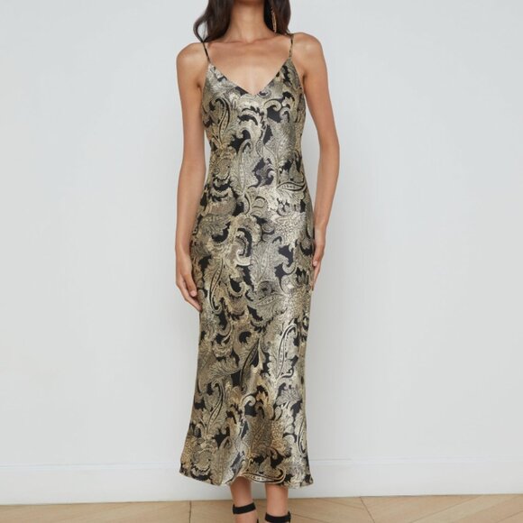 L'AGENCE Seridie Slip Dress - Gold Multi Textured Paisley - Picture 1 of 4